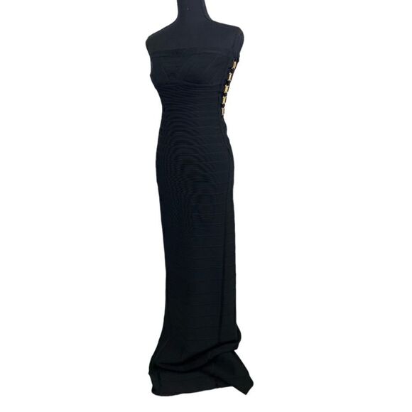 #150 HERVE LEGER Bandage Stretch Maxi Dress in Black and Gold - Picture 3 of 14